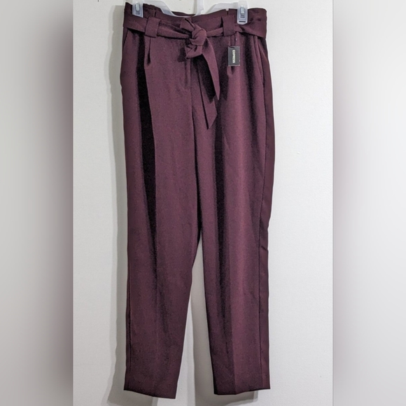 NWT Express Women's High Rise Tie Belt Burgundy Maroon Ankle Pants, Size 8R - Picture 2 of 12
